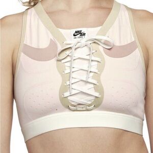 Nike pink white sports Bra Dri-FIT Swoosh Air Force 1 Lace up front Logo S